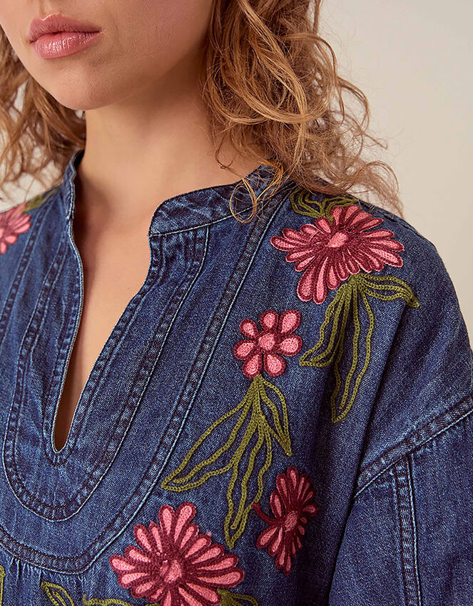 East Reyna Denim Embroidered Dress, Blue (INDIGO), large