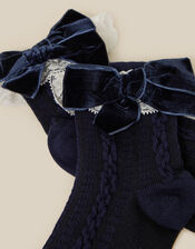 Velvet Bow Lace Frilly Socks, Blue (NAVY), large