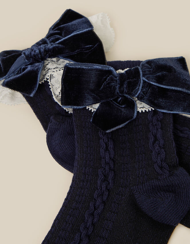 Velvet Bow Lace Frilly Socks, Blue (NAVY), large