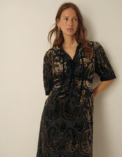 Jaz V-Neck Paisley Devor&eacute; Midi Dress, Green (OLIVE), large