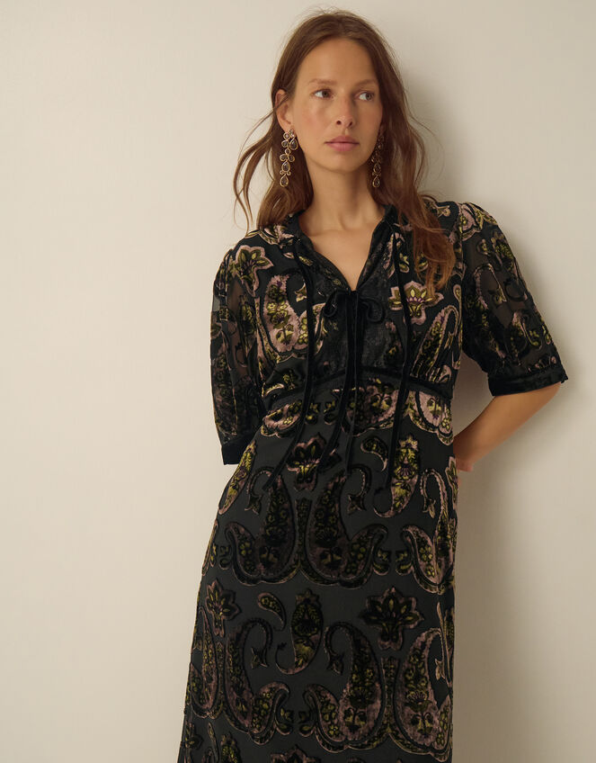 Jaz V-Neck Paisley Devor&eacute; Midi Dress, Green (OLIVE), large