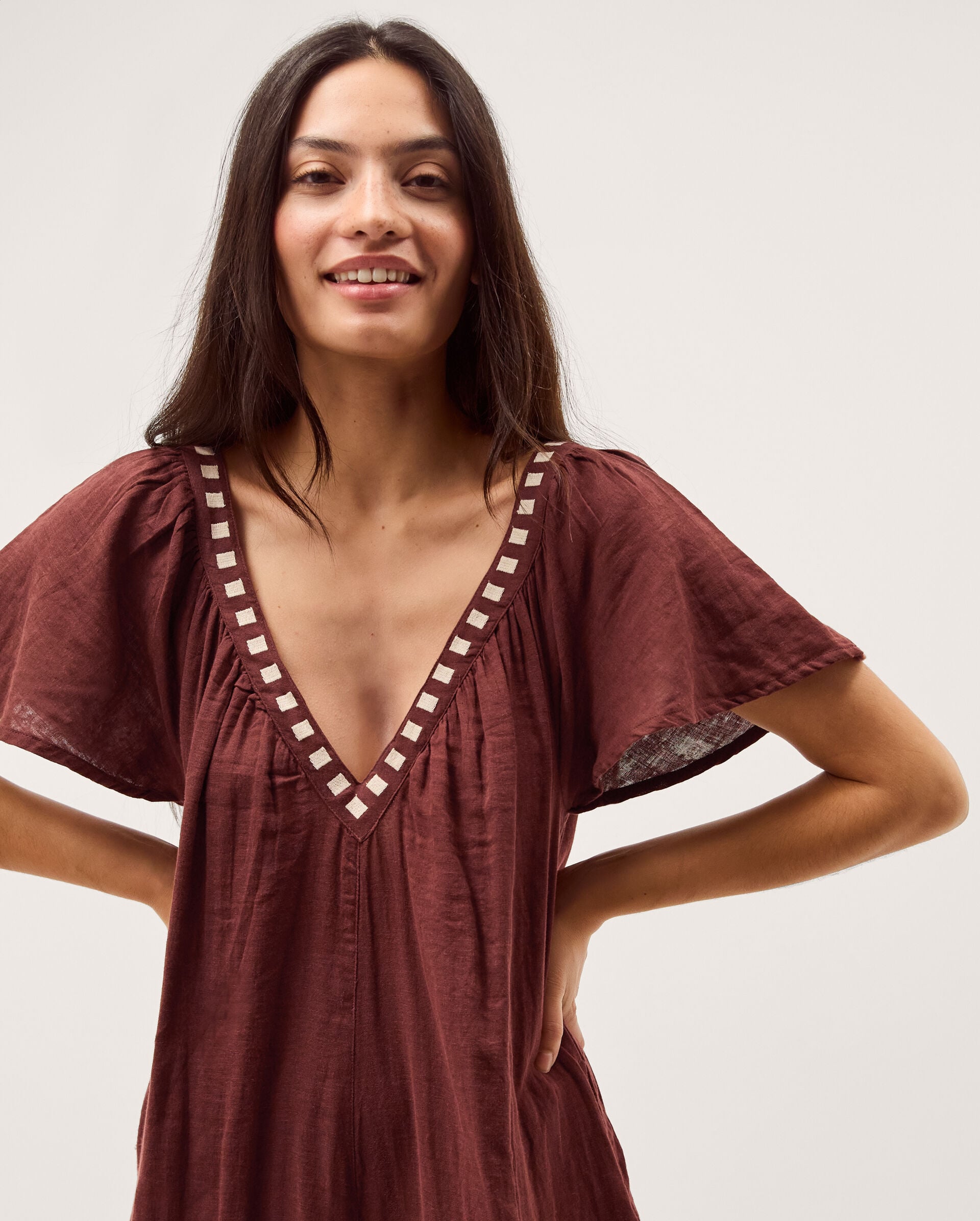 Aurelia Embroidered Cotton Jumpsuit Brown