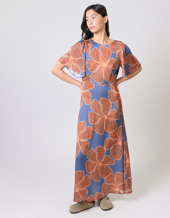 Traffic People Rene Flutter Floral Print Midi Dress, Blue (BLUE), large