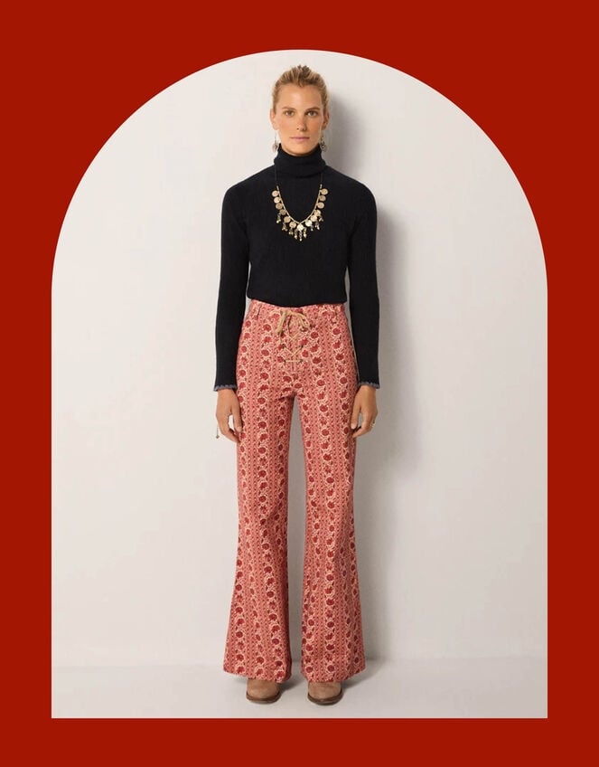 Maison Hotel Calypso Floral Flare Trousers, Orange (CORAL), large