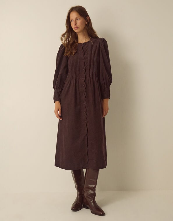 Cosima Long Sleeve Scallop Corduroy Midi Dress, Brown (CHOCOLATE), large