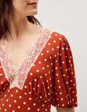 Peri Polka Dot Jersey Midi Dress, Orange (RUST), large