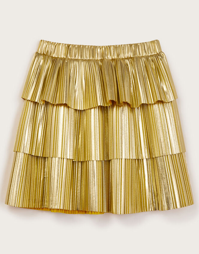 Metallic Pleat Tiered Skirt, Gold (GOLD), large