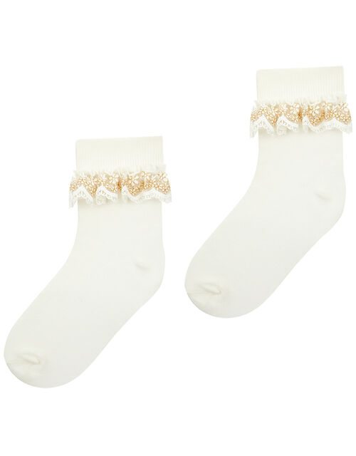 Chloe Sparkle Gold Lace Socks, Ivory (IVORY), large