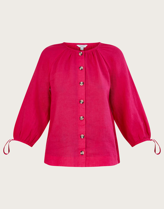 Tie Cuff Button Through Linen Blouse Pink | Tops & T-shirts | Monsoon UK.