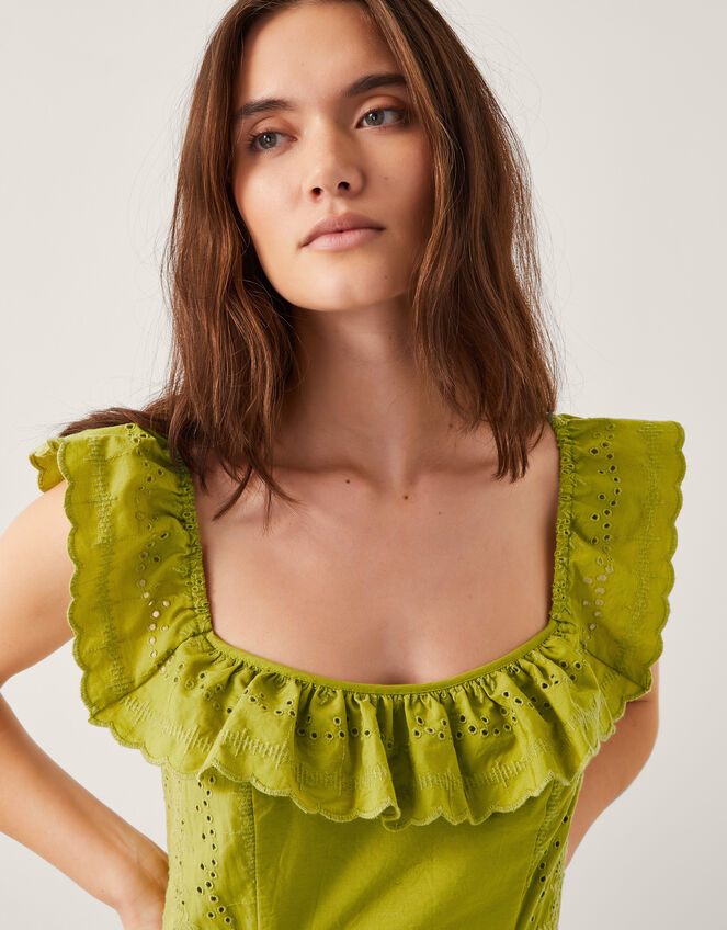 Lucy Broderie Frill Midi Dress, Green (GREEN), large