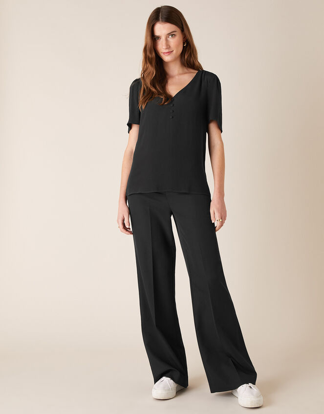 Button Front V-Neck Top, Black (BLACK), large