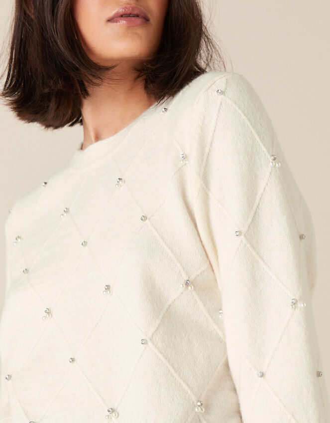 Embellished Diamond Stitch Knit Jumper, Ivory (IVORY), large