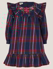 Baby Embroidered Frill Tartan Dress, Blue (NAVY), large