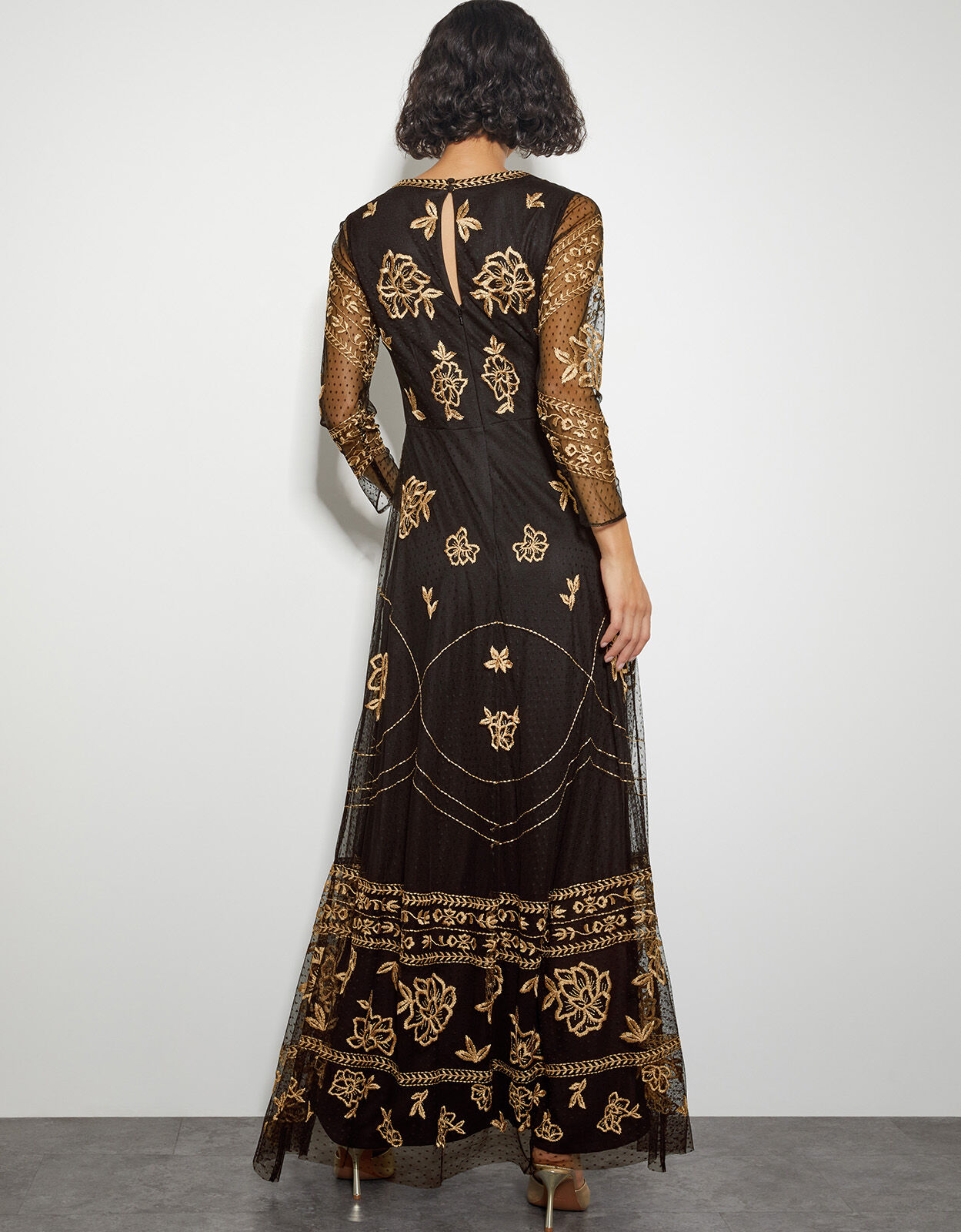 Grace Embroidered Mesh Sleeve Maxi Dress Black