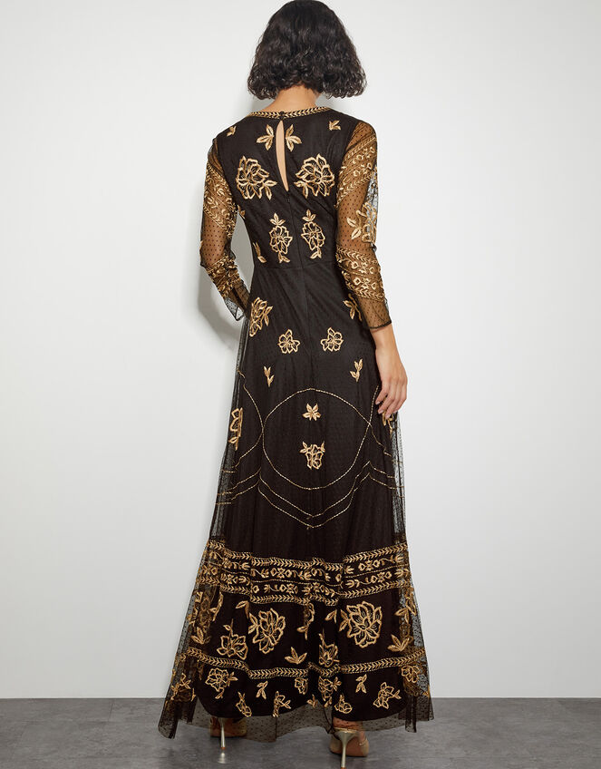 Grace Embroidered Mesh Sleeve Maxi Dress, Black (BLACK), large