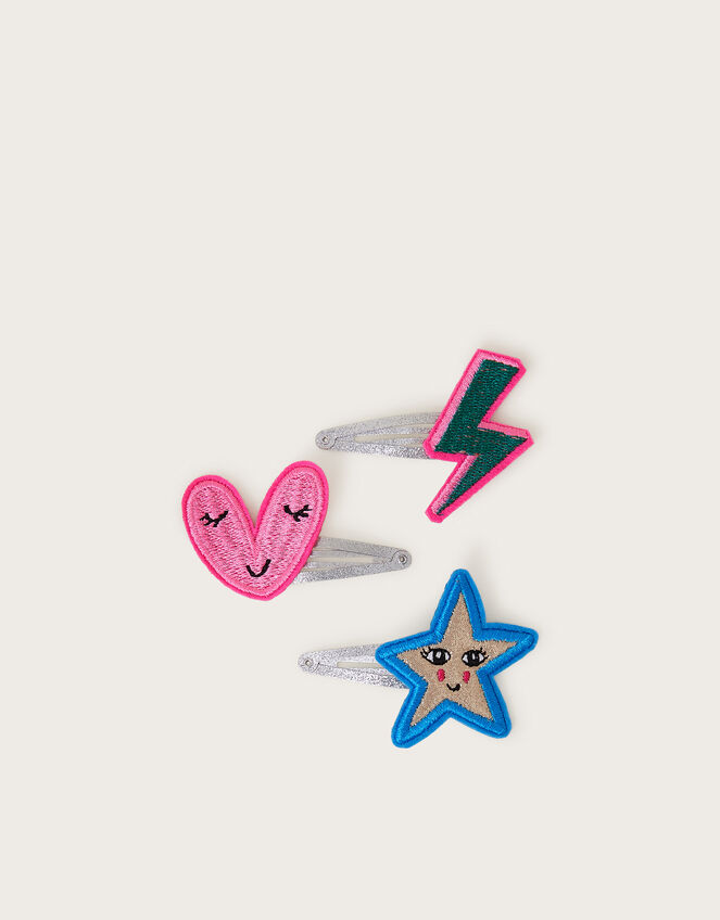 3-Pack Embroidered Badge Hair Clips, , large