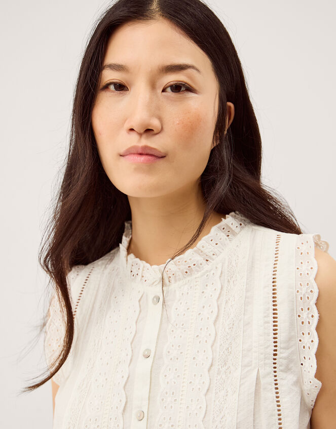 Trish Broderie Frill Sleeveless Top, Ivory (IVORY), large