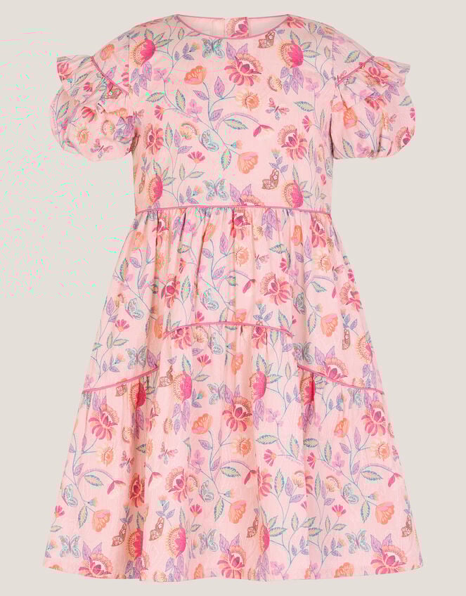 Floral Jacquard Ruffle Dress, Ivory (IVORY), large