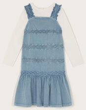 Long Sleeve Top and Embroidered Pinafore Dress Set, Blue (BLUE), large