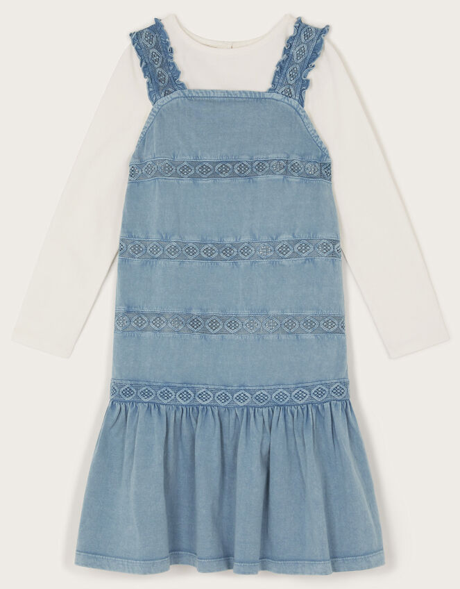 Long Sleeve Top and Embroidered Pinafore Dress Set, Blue (BLUE), large