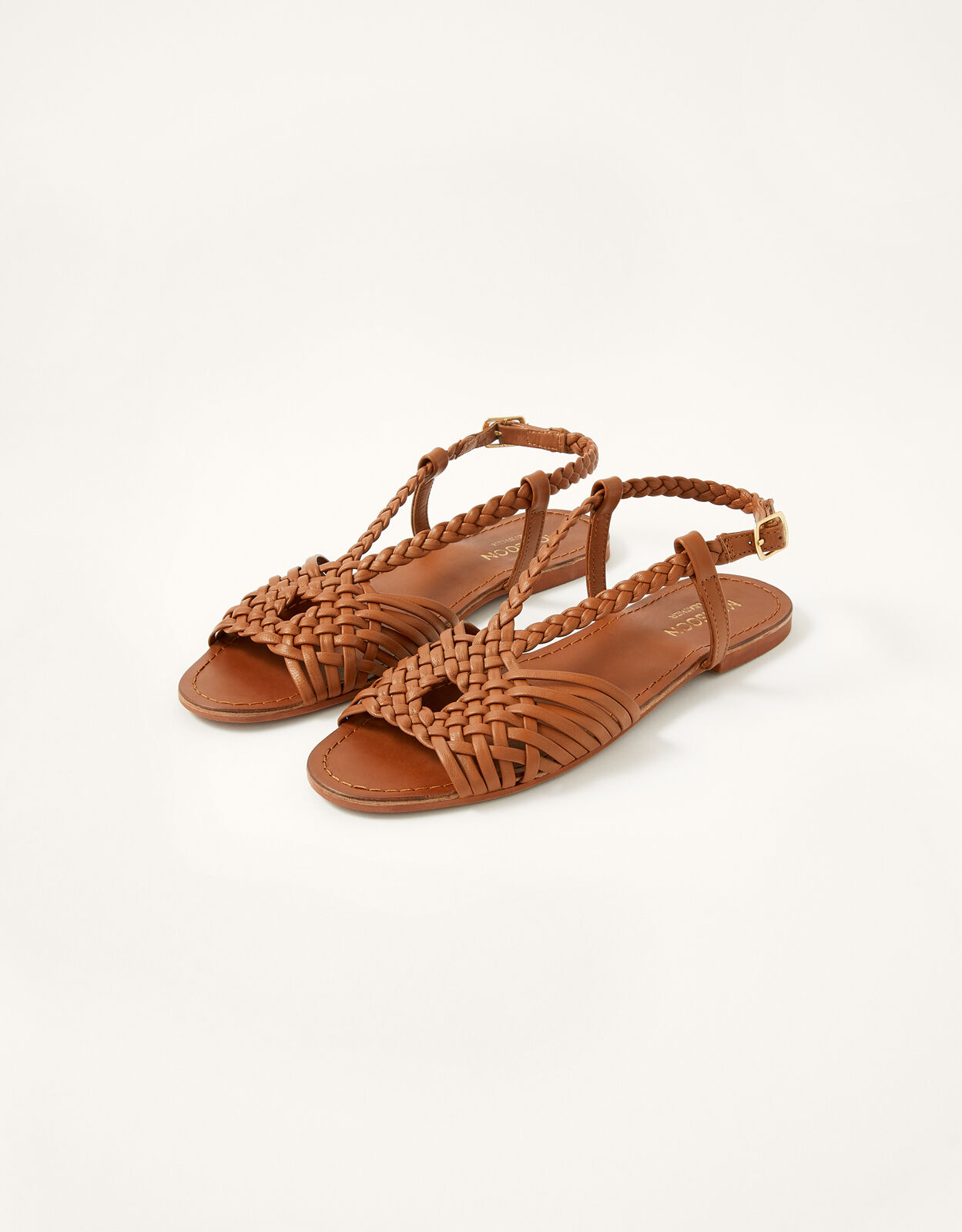 Plait Detail Leather Flat Sandals Tan