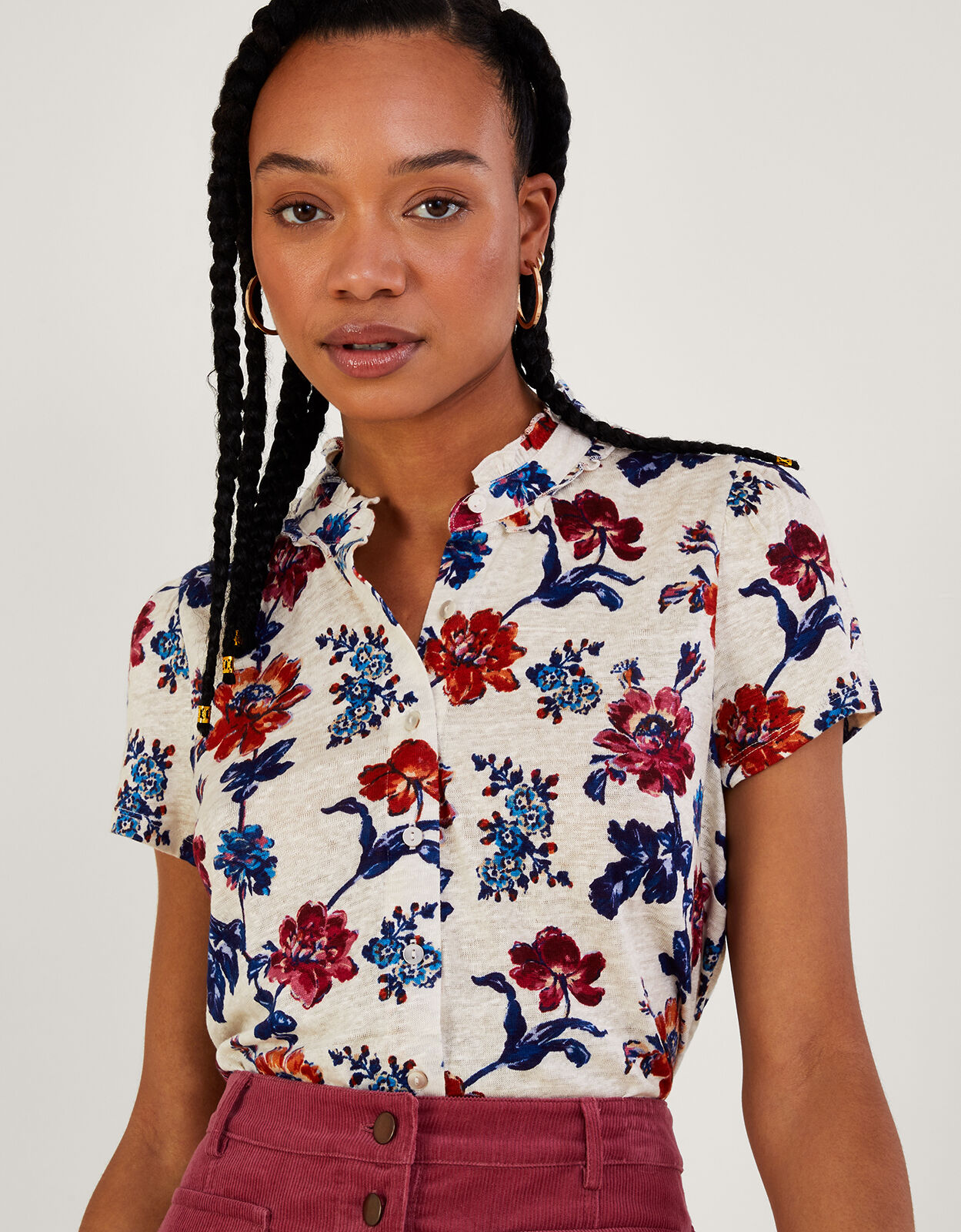 Printed Floral Cap Sleeve Linen Top Multi Linen Monsoon UK