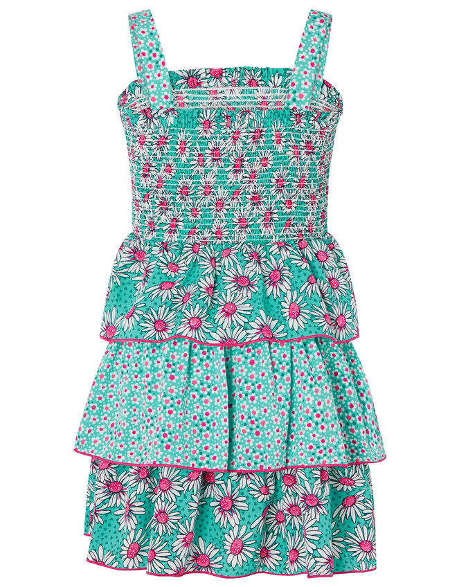 Daisy Print Tiered Dress, Green (GREEN), large