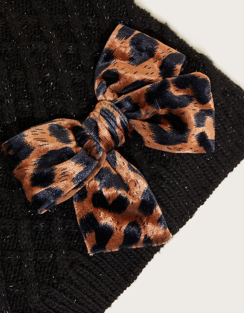 Velvet Leopard Bow Beanie Hat with Recycled Polyester, Black (BLACK), large