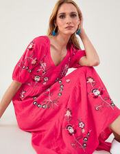 Embroidered Midi Dress in Linen Blend , Orange (CORAL), large