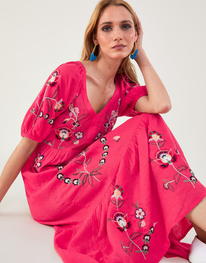 Embroidered Midi Dress in Linen Blend , Orange (CORAL), large