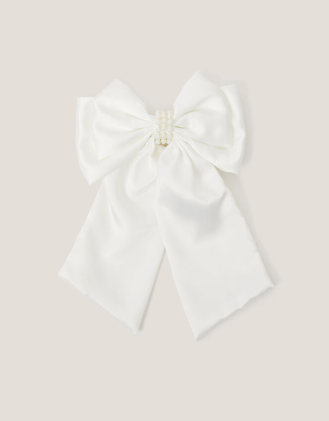 Long Pearl Satin Bow Hair Clip, , large