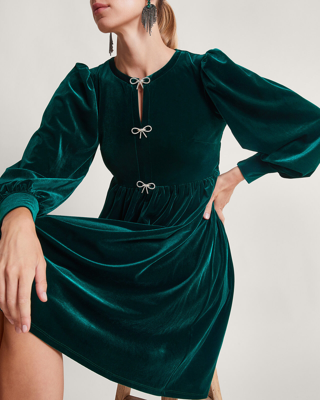 Evie Velvet Bow Dress Green Work Dresses Monsoon UK