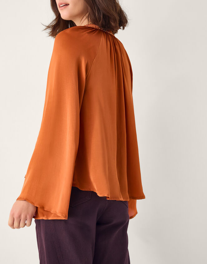 Arlette V-Neck Frill Satin Blouse, Copper (COPPER), large