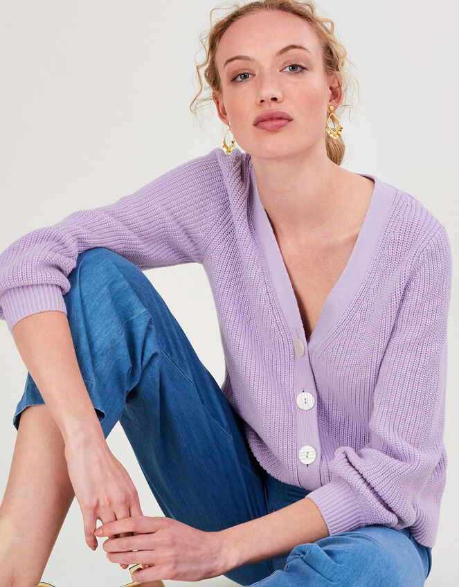 Ribbed Cardigan with Recylced Cotton, Purple (LILAC), large