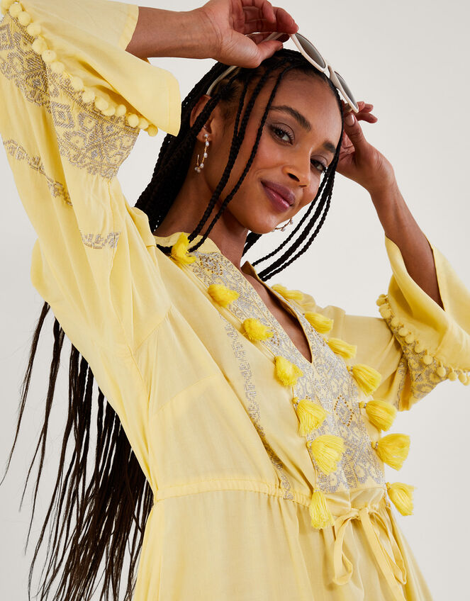 Embroidered Pom-Pom Kaftan Dress, Yellow (YELLOW), large