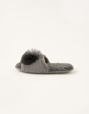 Faux Fur Pom-Pom Slippers, Grey (CHARCOAL), large