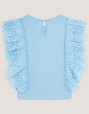 Embellished Strawberry Broderie Ruffle Top, Blue (BLUE), large