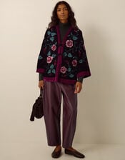 Agnes Floral Cross Stitch Embroidered Velvet Kimono Jacket, Black (BLACK), large