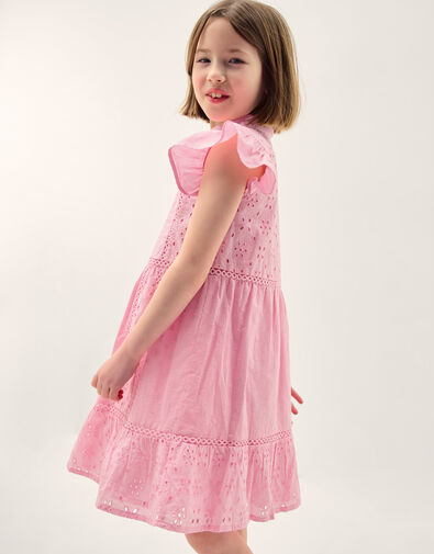 Flutter Sleeve Broderie Tiered Dress, Pink (PINK), large