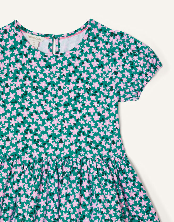 Ditsy Tiered Short Sleeve Jersey Dress, Green (GREEN), large