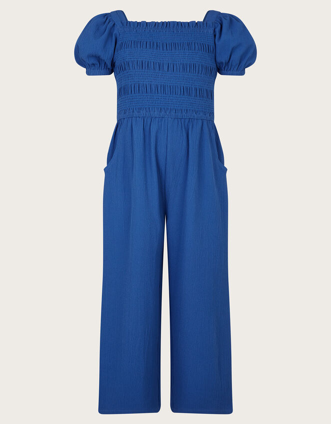 Ruffle Shirred Jumpsuit, Blue (BLUE), large