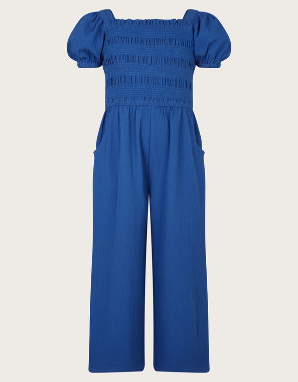 Ruffle Shirred Jumpsuit, Blue (BLUE), large