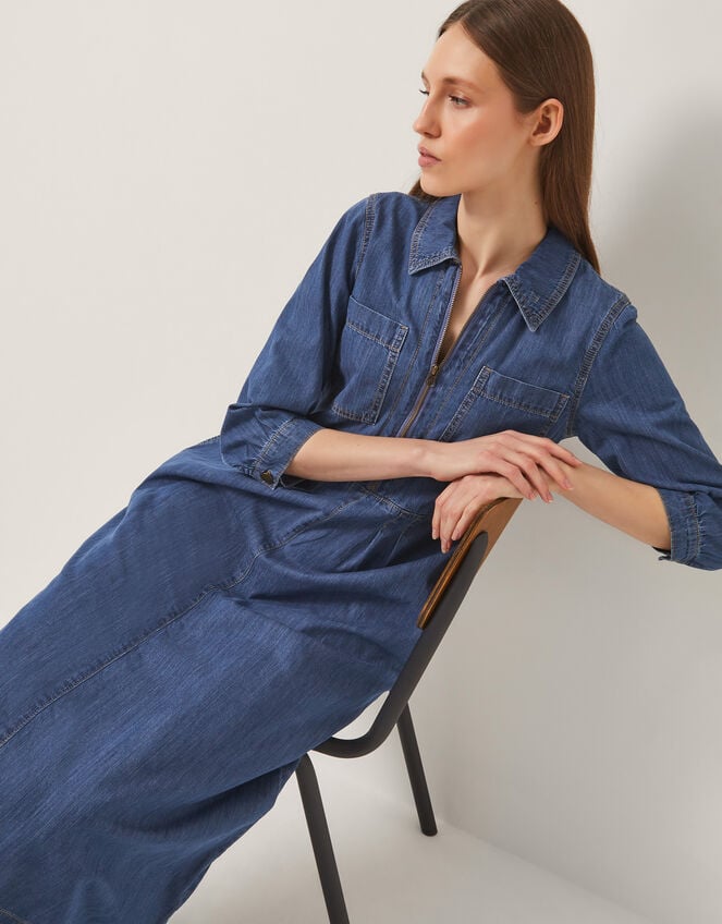 Bonnie Zip Denim Shirt Dress, Blue (MID AUTHENTIC BLUE), large