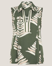 Pamela Linen Blend Sleeveless Leaf Print Top, Green (GREEN), large