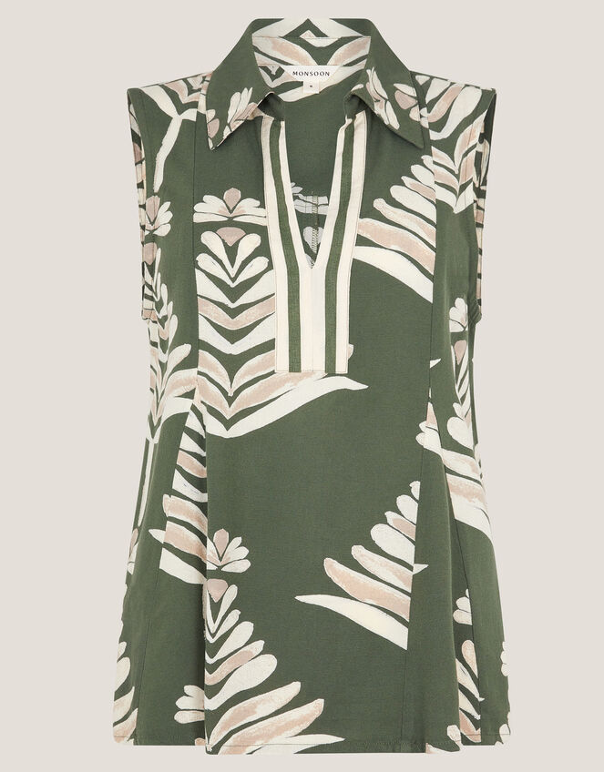 Pamela Linen Blend Sleeveless Leaf Print Top, Green (GREEN), large