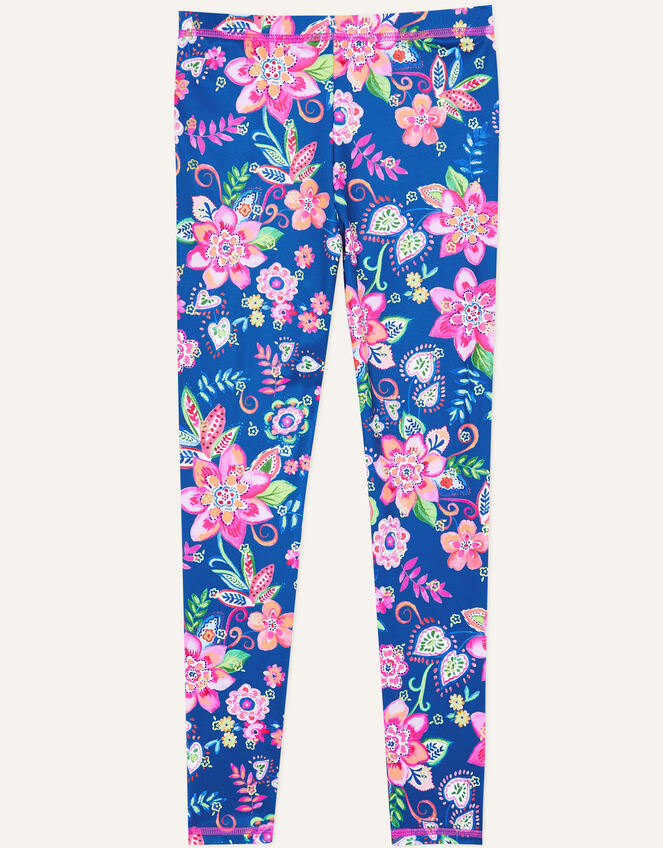 Flower Print Sunsafe Swim Leggings, Blue (NAVY), large