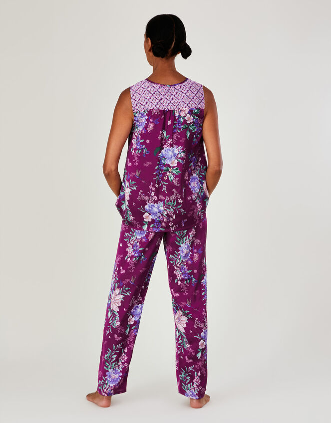 Floral Print Satin Pyjama Trousers in Recycled Polyester, Red (BERRY), large