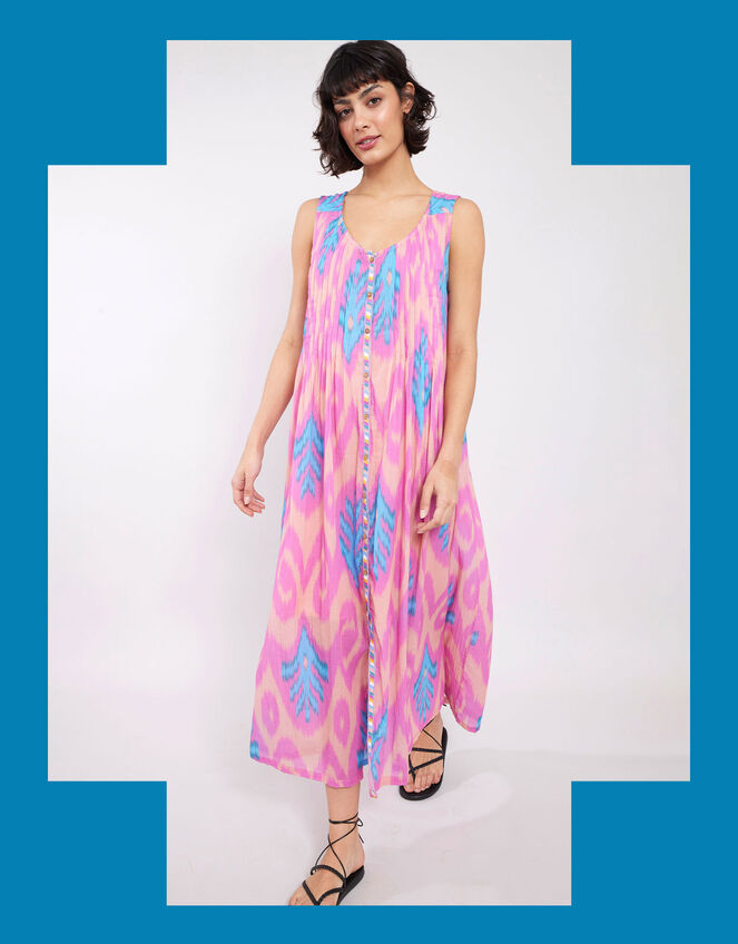 East Erika Ikat Print Button Through Dress, Pink (PINK), large