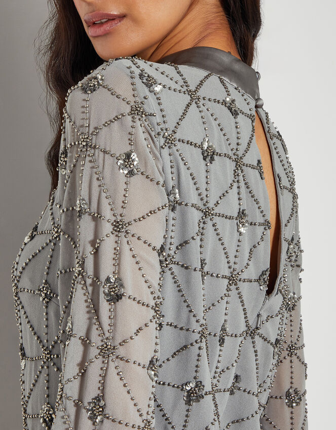 Adele Hand-Beaded Long Sleeve Mini Dress, Grey (GREY), large