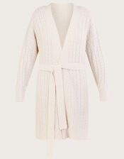 Belted Longline Cable Knit Cardigan, Ivory (IVORY), large